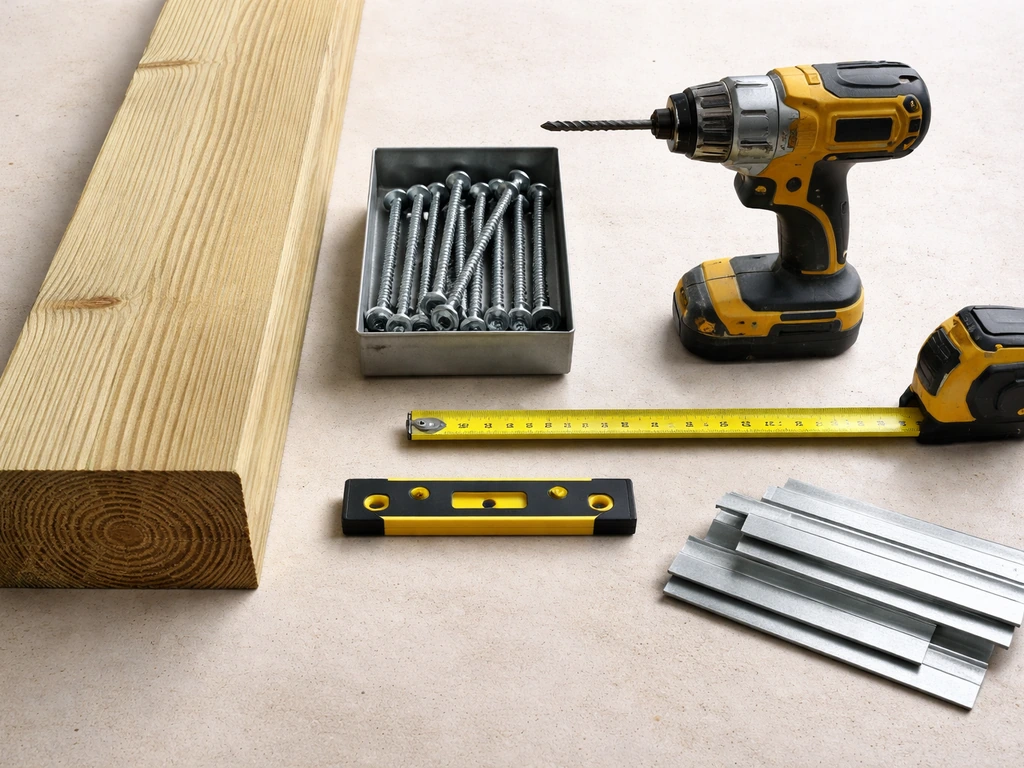 Overhead view of ledger installation tools and pressure-treated lumber on a clean workbench.