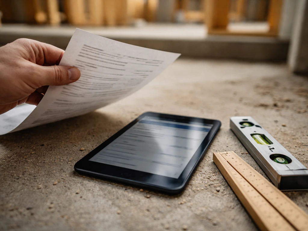 Close-up of a permit document beside a tablet showing permit status, with a level and ruler on a jobsite.