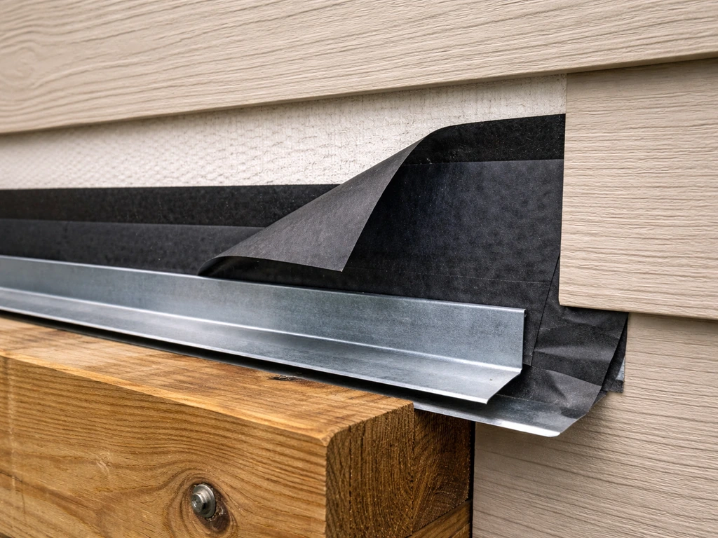 Close-up of siding removed at a wall ledger with layered flashing and waterproofing pieces installed.