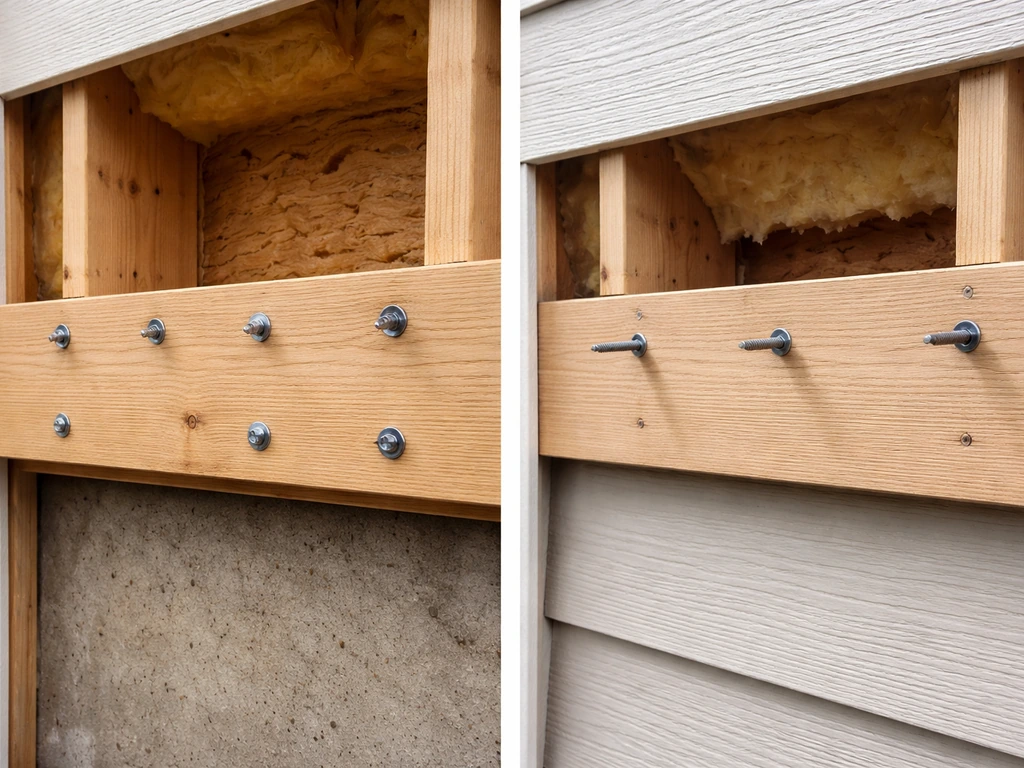 Side-by-side close-ups of a wall ledger properly fastened into rim joist versus incorrectly fastened to sheathing.