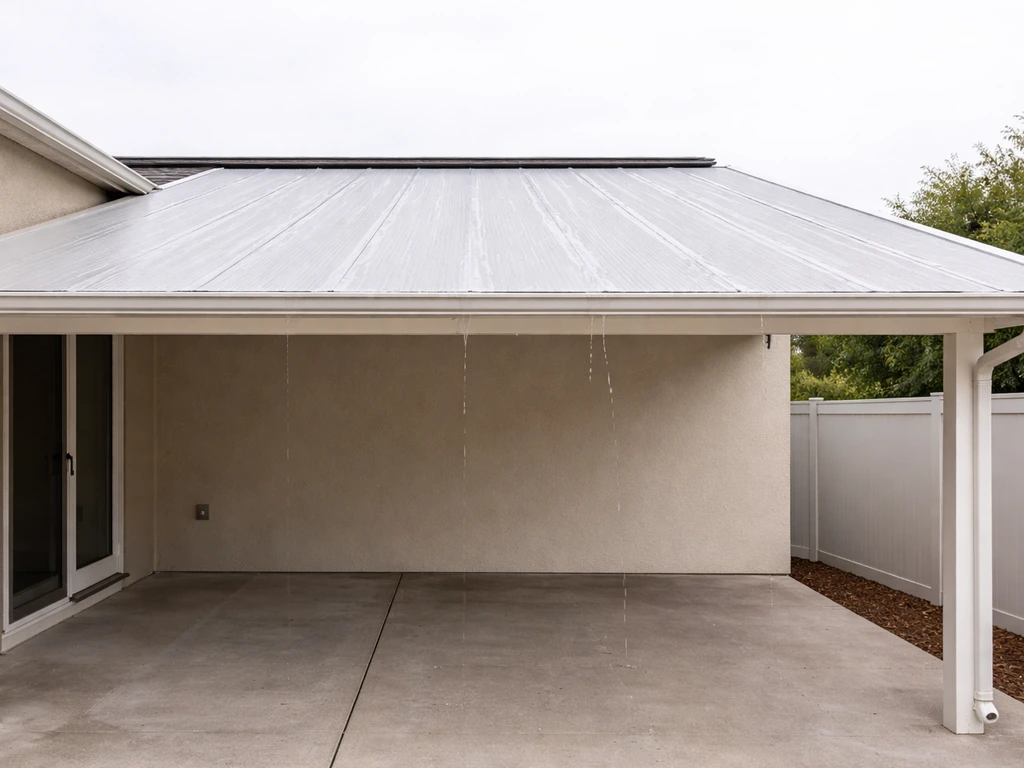 Sloped patio roof cover with visible runoff direction, no pooling, viewed wide in natural light.