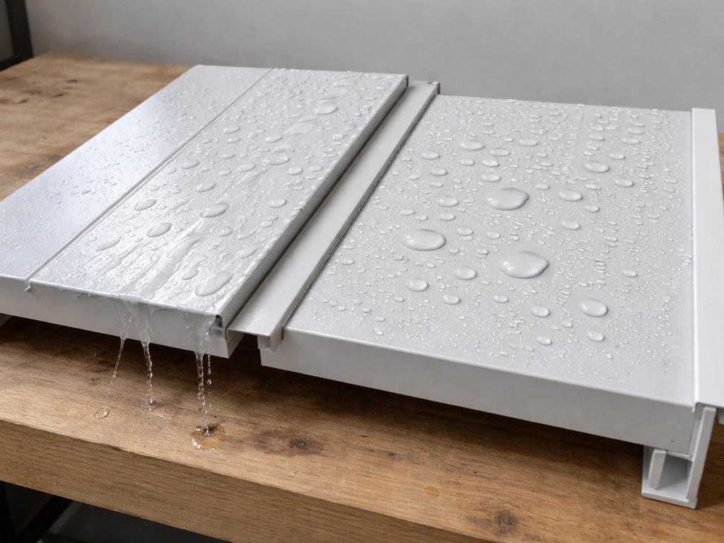 Close-up of a patio cover mock panel showing water runoff on a sloped surface versus pooling on a flat section.