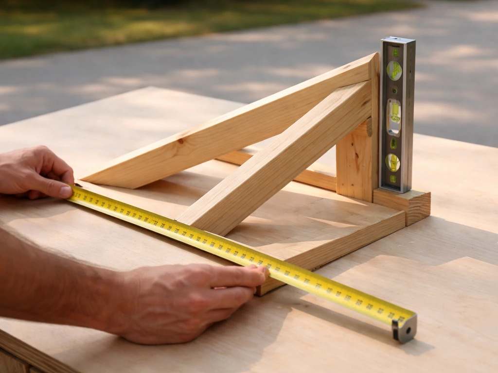 Close-up of tape measure and level showing rise-over-run on a simple roof frame setup.