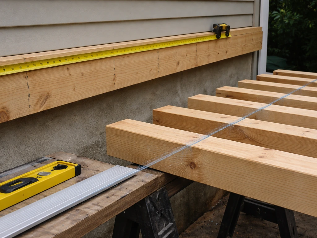 Wood ledger and roof framing with measured cut marks and a taut chalk line showing the slope.