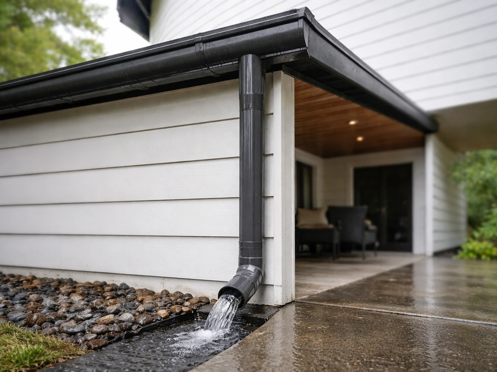 Low-edge gutter and downspout directing rainwater away from a patio cover on a modern home