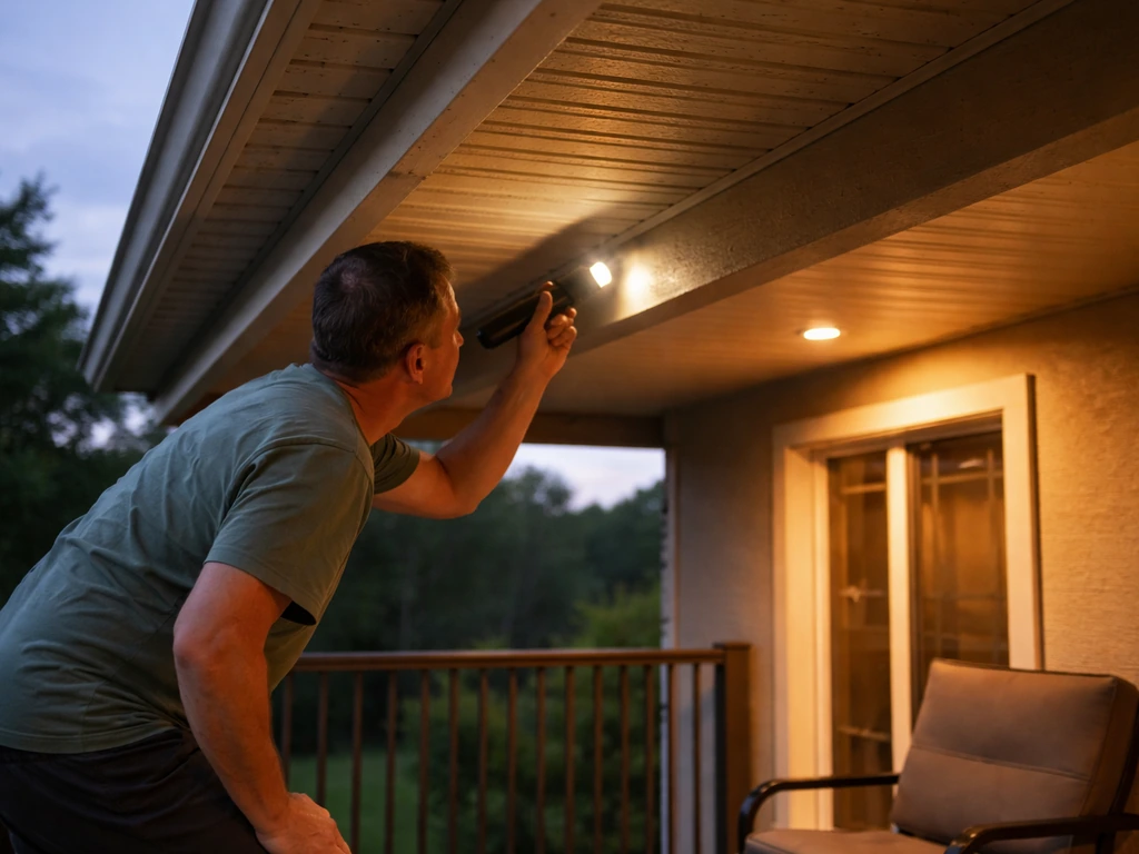 Homeowner crouches on a patio edge, using a flashlight to inspect the roofline for leak spots.