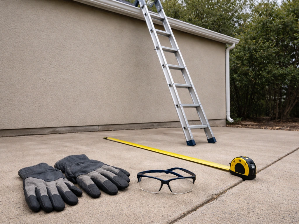 Extension ladder set at correct angle with gloves and safety glasses in the foreground, tape measure nearby.