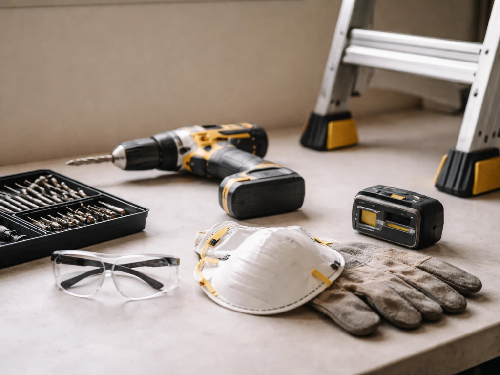 DIY tools and safety gear staged on a workbench: cordless drill, mixed bit set, drill bits, level, ladder stabilizer pad