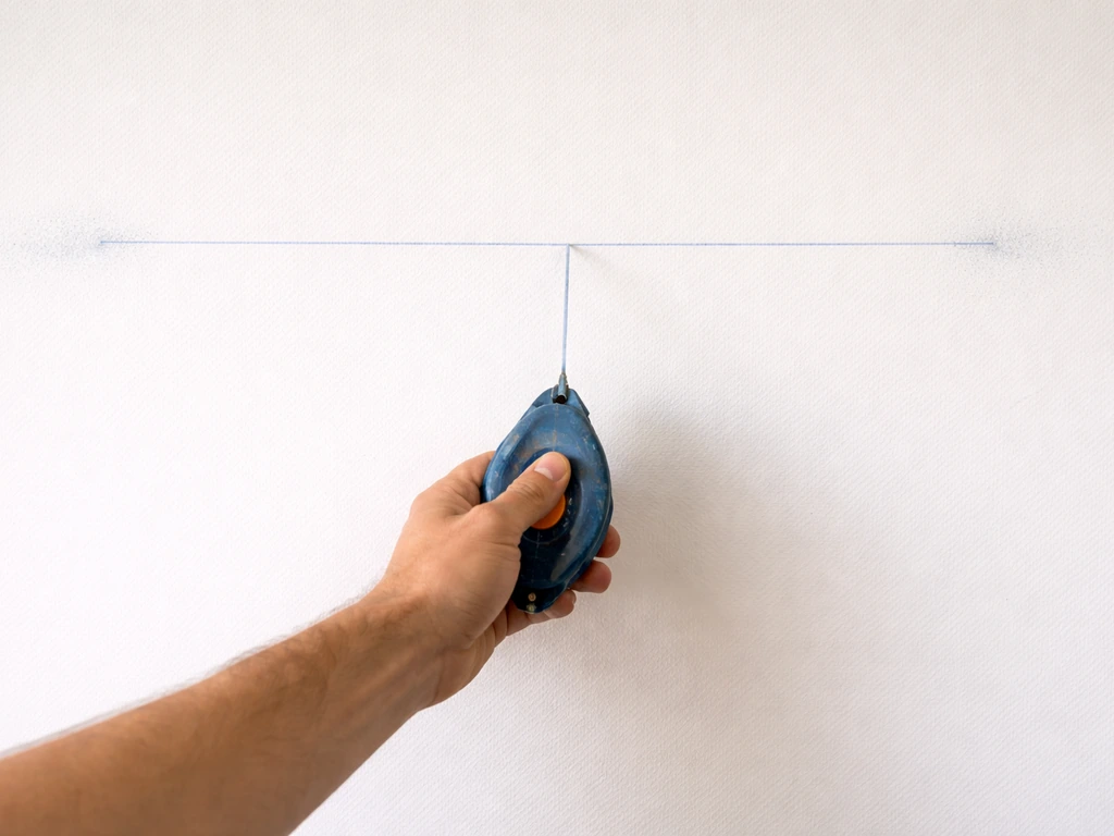 A chalk line snapped across a wall to mark a straight horizontal line for mounting an awning rail.