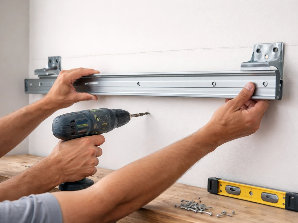 Worker’s hands align metal rails and install wall mounting brackets for an awning.
