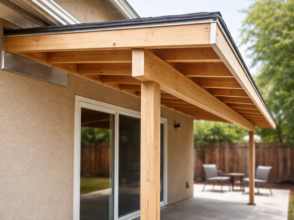 Single-sloped shed roof patio cover with high ledger at the house and lower eave edge for drainage.