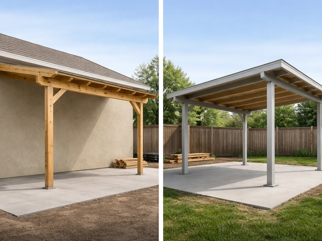 Minimal patio cover framing examples: lean-to attached layout and freestanding shed-roof beams in daylight.
