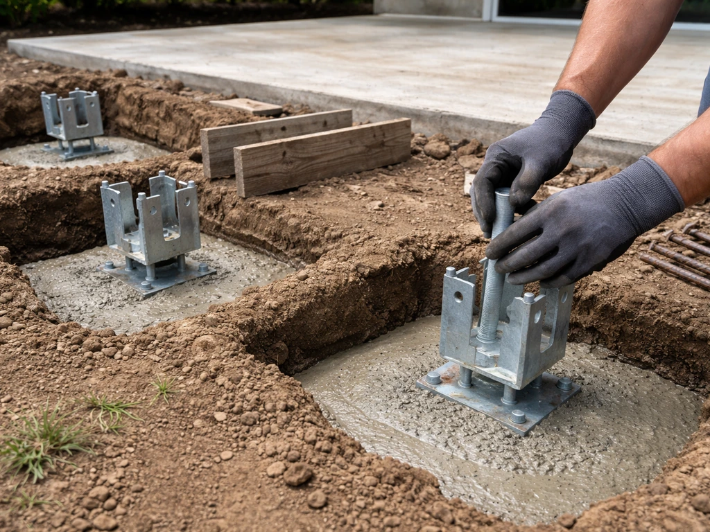 Concrete footings with metal post anchors installed on an outdoor patio subgrade, ready for beams.