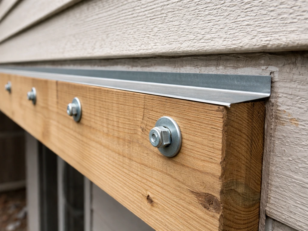 Close-up of a patio ledger board bolted to a house rim joist with Z-flashing for waterproofing.