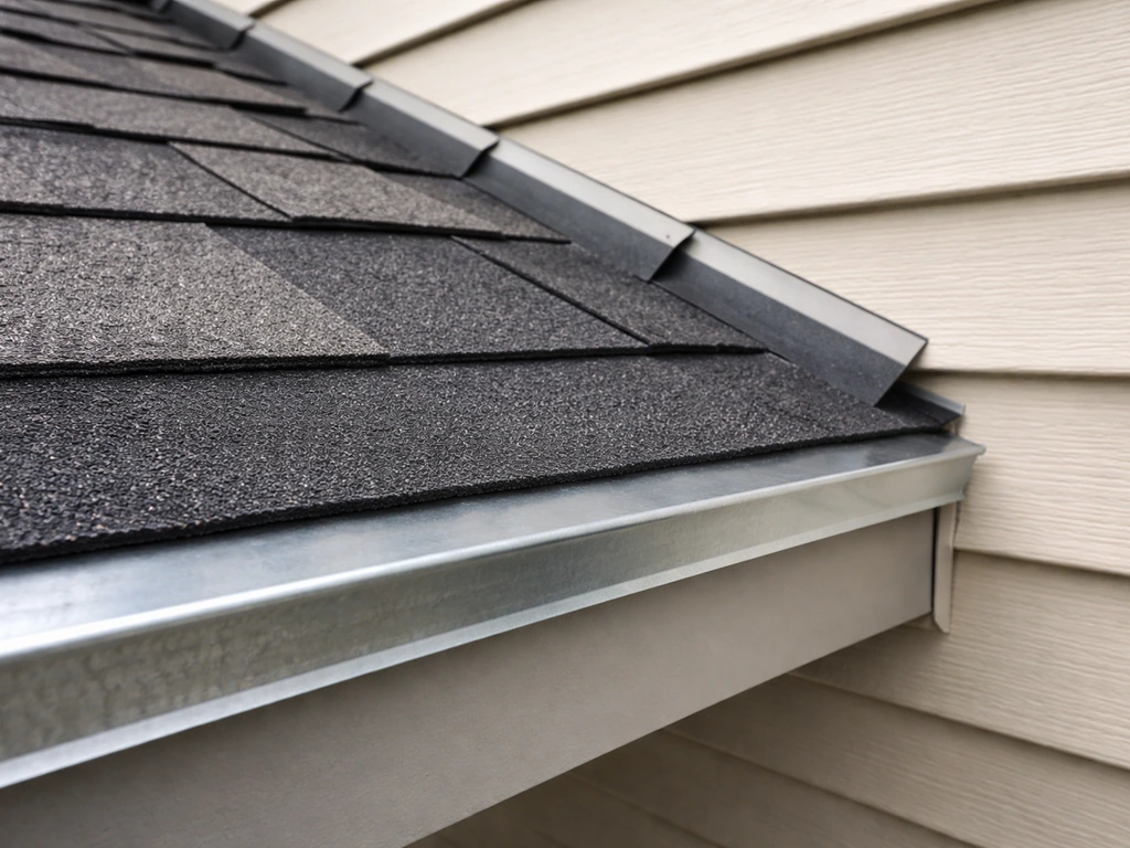 Close-up of metal drip edge and step flashing layers at a roof-to-wall eave junction.
