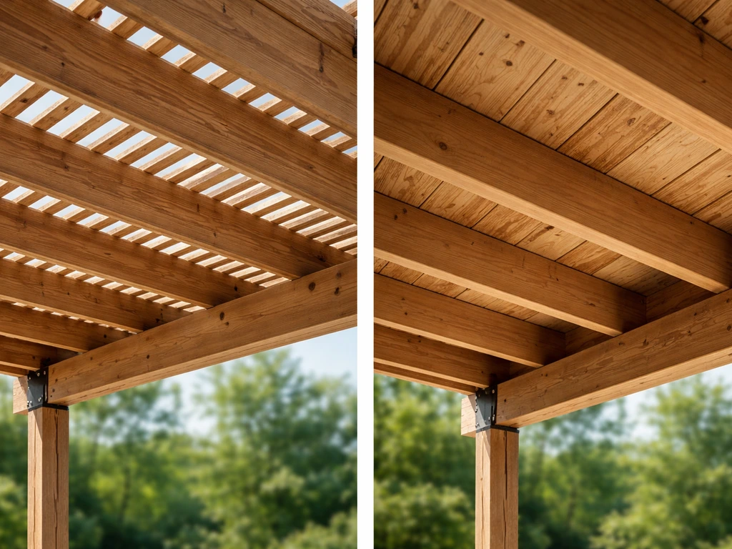 Close-up side-by-side view of an open slatted pergola roof and an enclosed patio roof deck assembly.