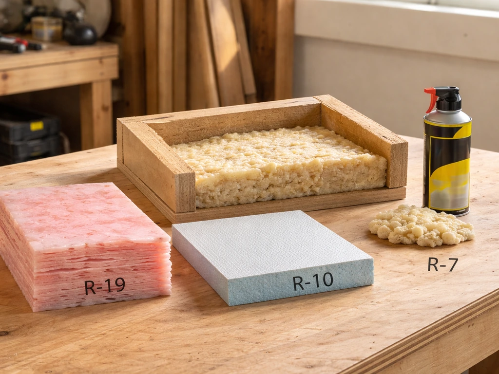 Home insulation material samples on a workbench with focus on rigid foam and batt pieces in a shallow rafter bay