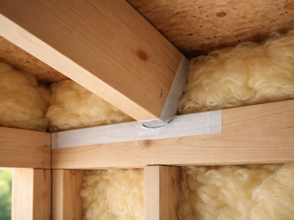 Close-up of roof rafters with insulation and careful air-sealing tape at a rafter-to-wall junction.