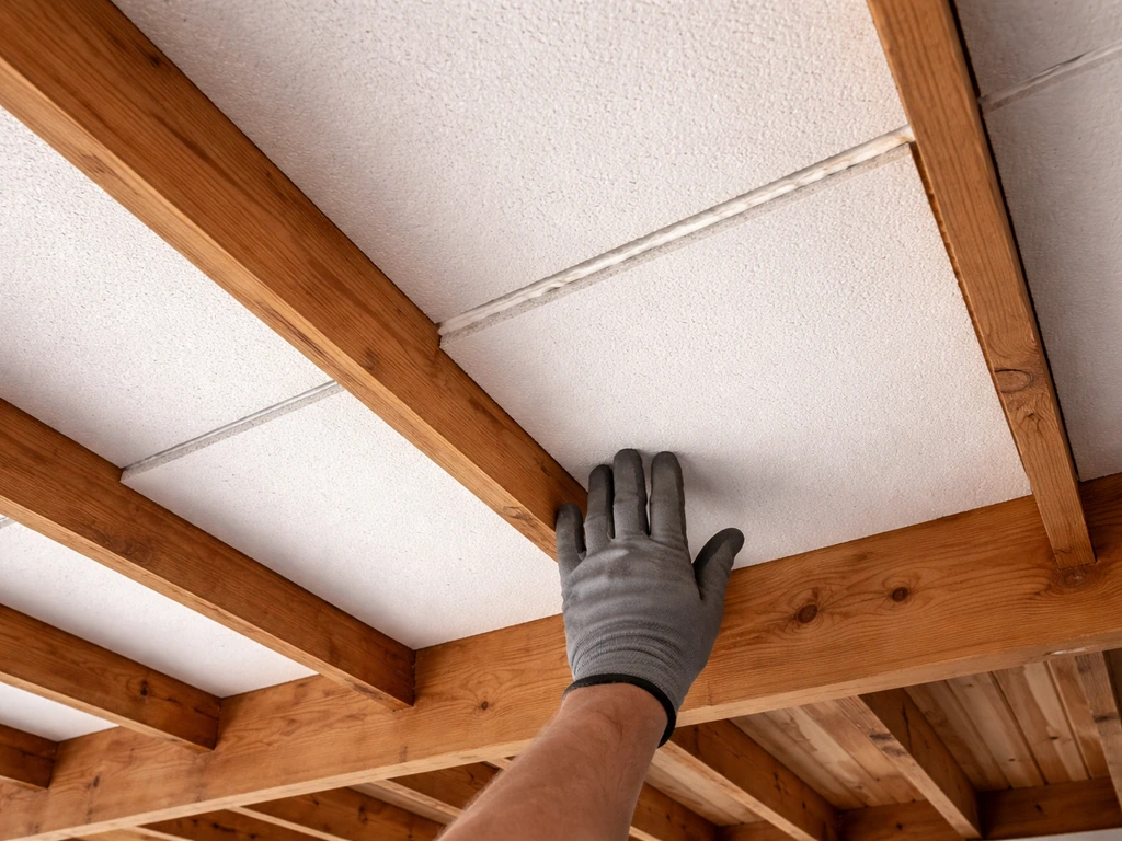 Rigid foam insulation fitted between exposed patio rafters, with seams sealed and a gloved hand adjusting a panel.
