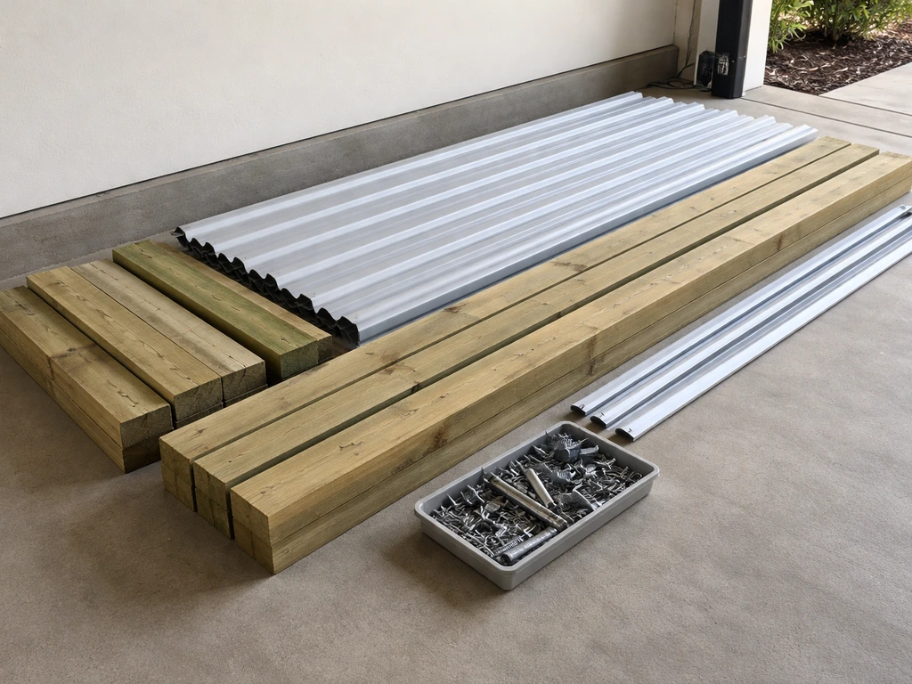 Neatly arranged patio cover components—wood beams, roof panels, flashing, and compatible fasteners.