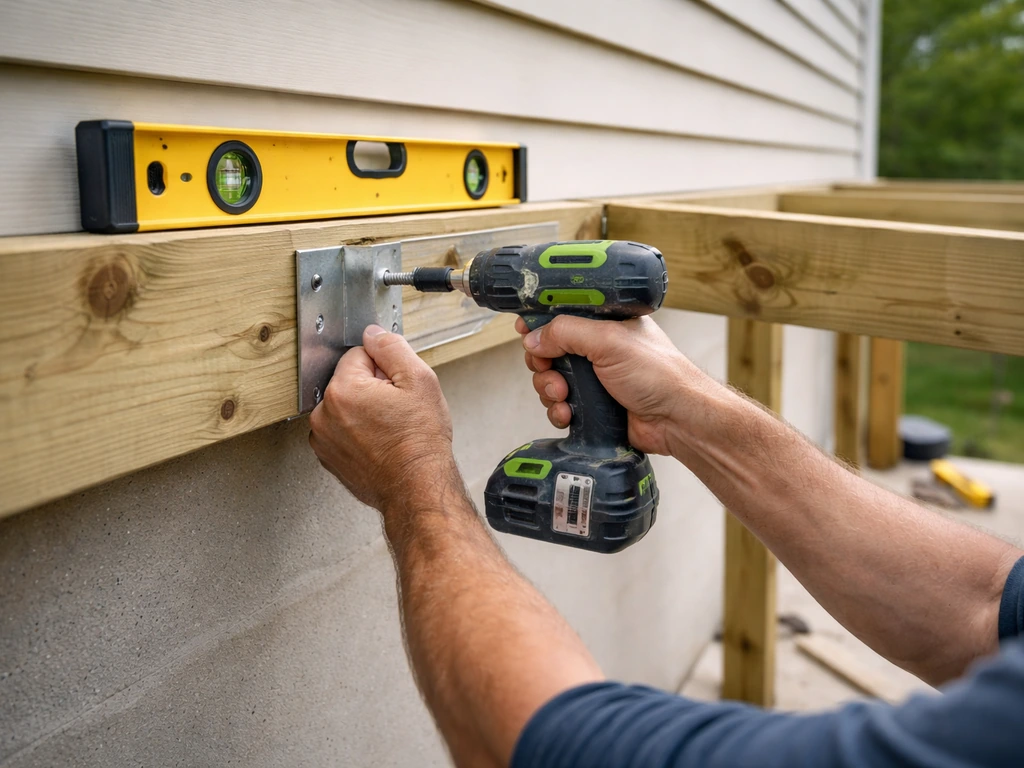 Carpenter aligning a level ledger and beam supports on a house wall for an attached lean-to patio cover