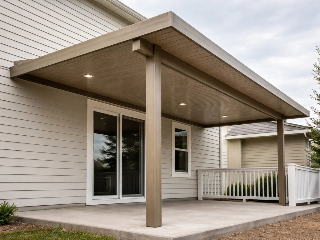 Street view of a completed DIY Alumawood-style patio cover with aluminum wood-grain panels on a home.