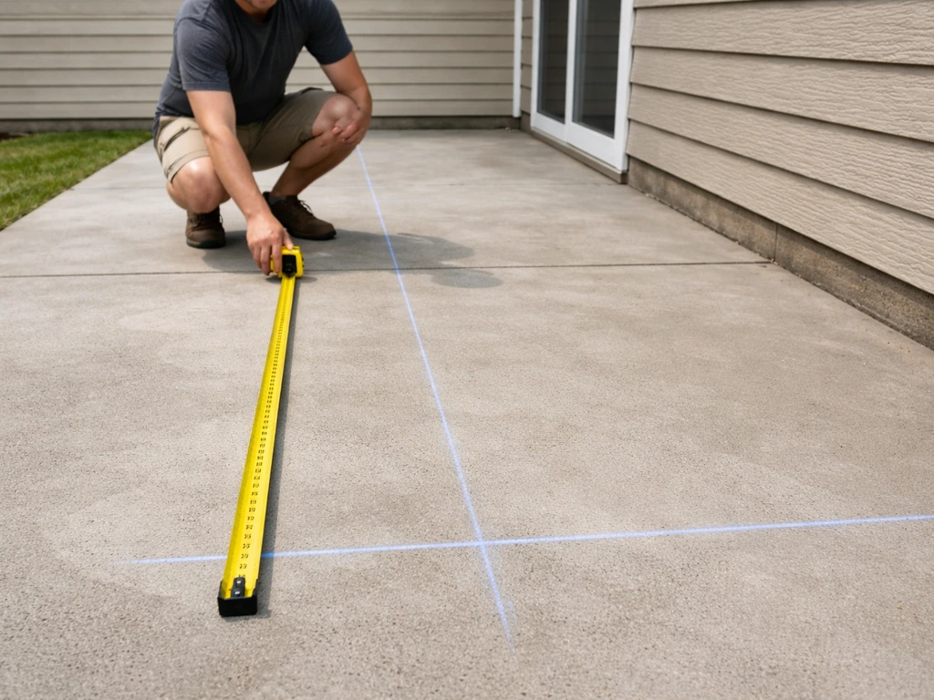 Measuring tape and chalk line marking a patio slab for an attached lean-to cover layout.