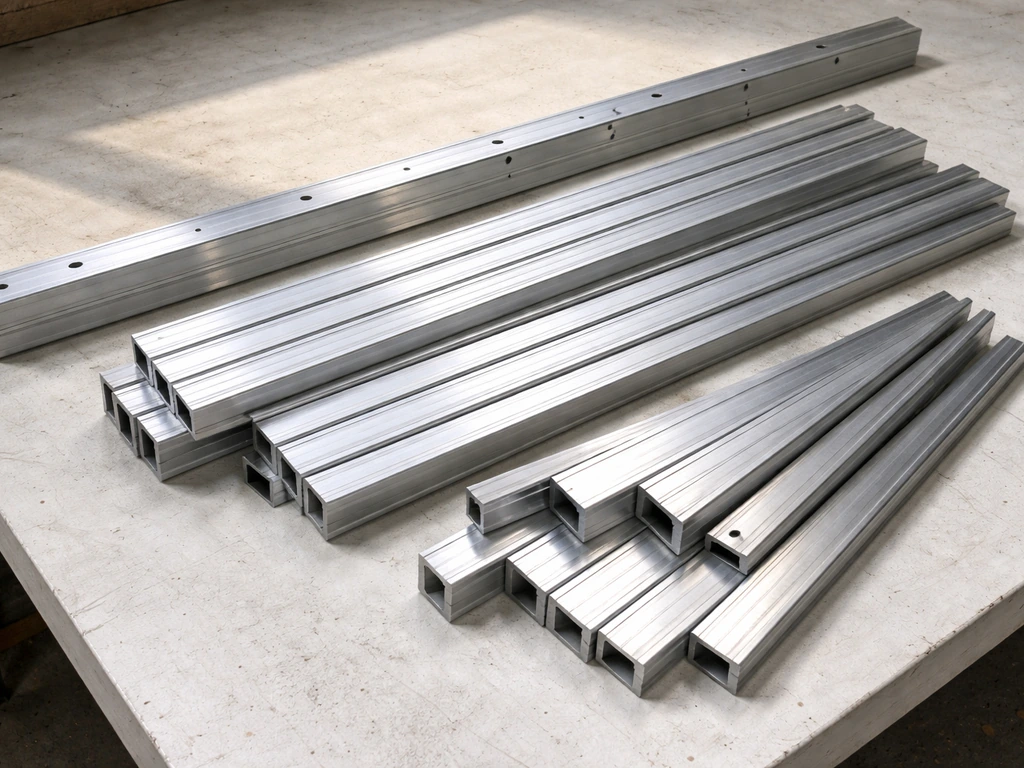 Close-up of aluminum ledger channel, beams, and rafters laid out neatly for assembly-ready framing
