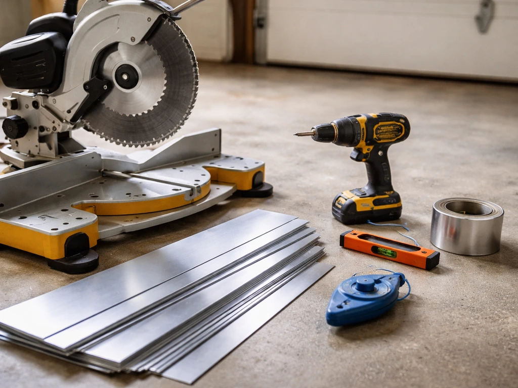 Tools for cutting aluminum flashing: miter saw, drill, levels, and chalk line on a concrete floor.