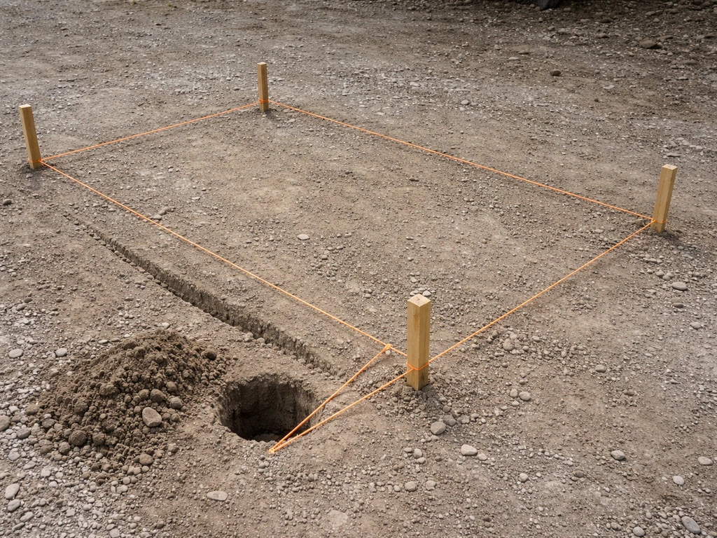 Wood stakes and taut string mark a square 3-4-5 footprint with ready-to-dig post hole in dirt.