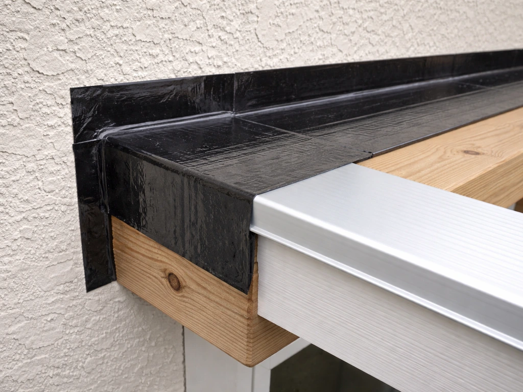 Close-up of flashing tape lapped at a ledger-to-wall joint and a drip edge directing water away from the fascia.