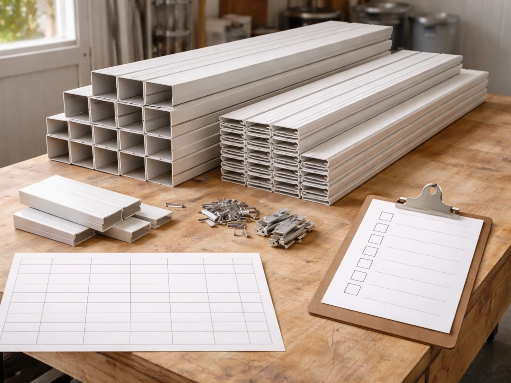 Workbench with bundled Alumawood patio cover parts and blank cost/time table and checklist overlays.