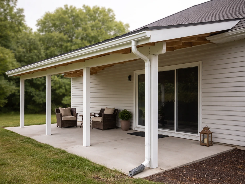 Finished single-slope attached patio roof along a house with visible gutter/drainage line and clean patio area.