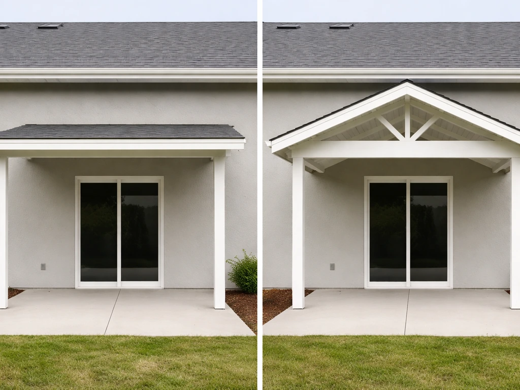 Minimal photo showing a house wall and two simple patio cover roof styles, lean-to and gable, side by side