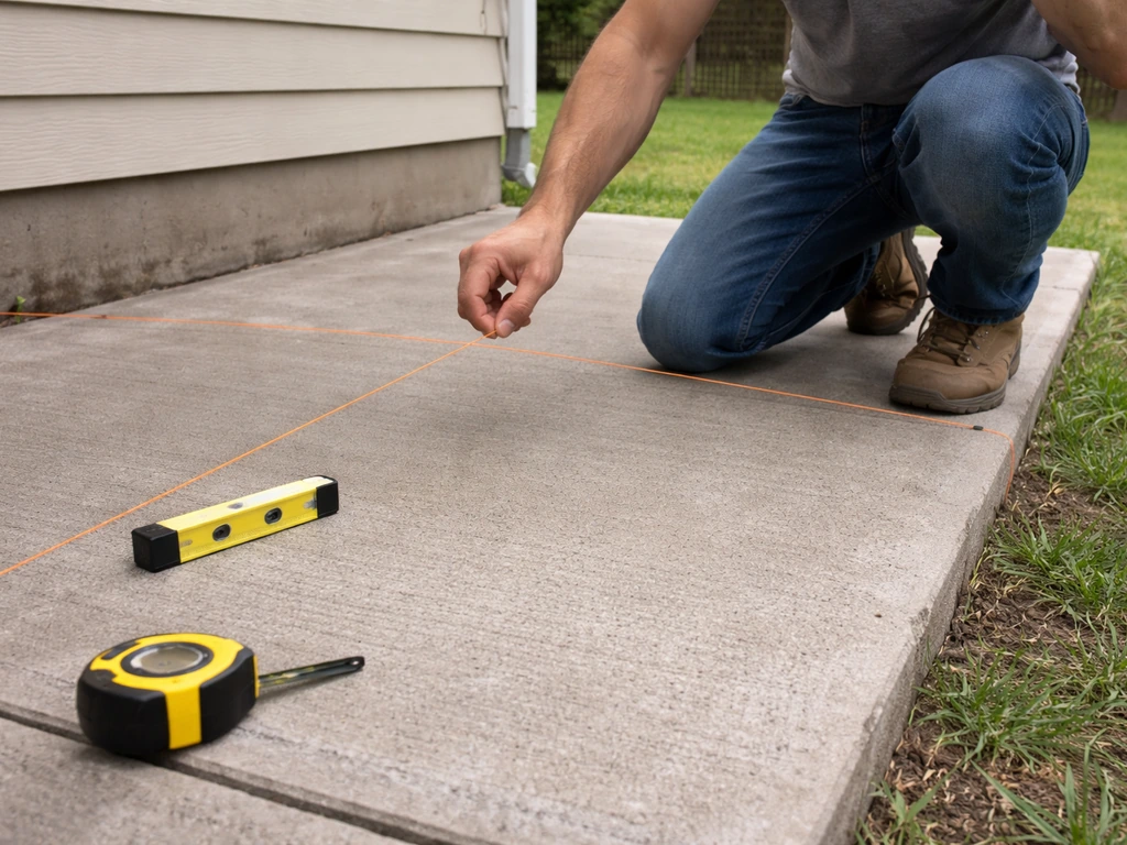 Person measuring patio layout with a string line and level on the ground near a house