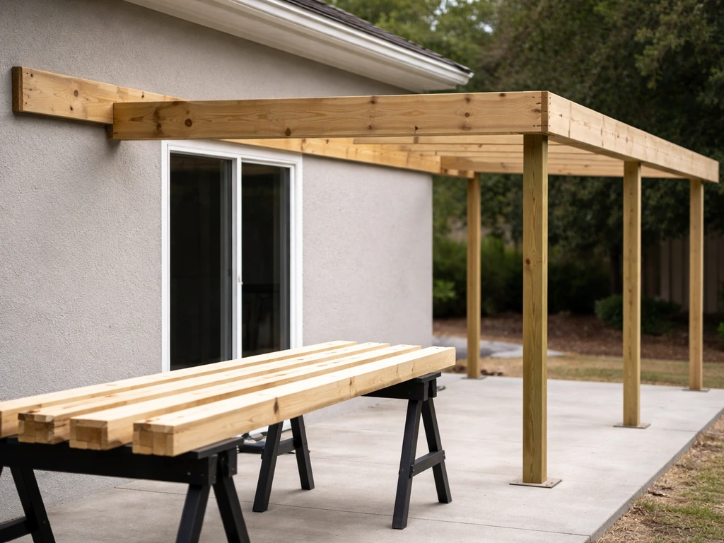 Patio roof framing layout with ledger board, outer beam, posts, and rafters staged on a house exterior