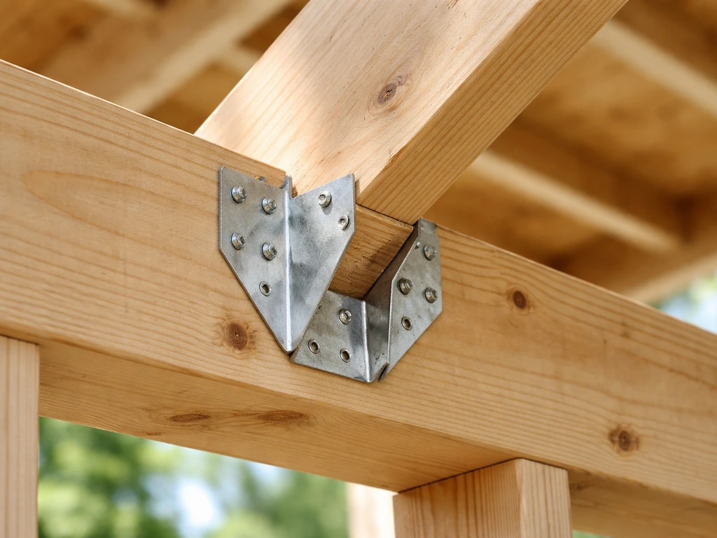 Close-up of rafter secured to ledger and outer beam with metal framing connectors, natural workshop lighting.