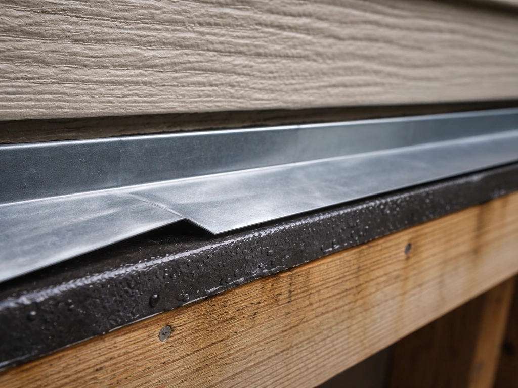 Close-up of ledger flashing tape and Z-flashing installed where siding meets the roof edge.