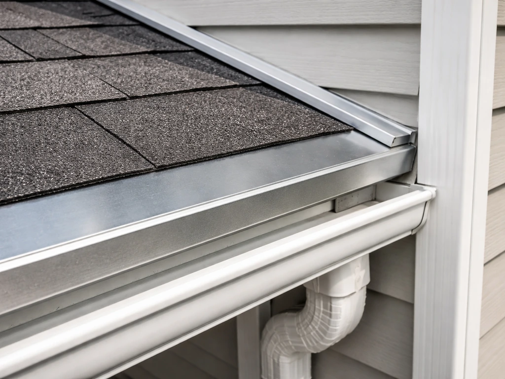 Close-up of a finished patio roof edge with drip edge, flashing, and clear drainage path after weatherproofing.