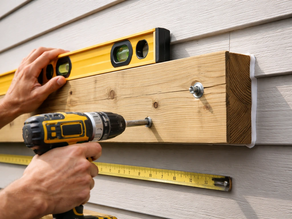 Hands leveling and drilling a wooden ledger on a house wall for a cover installation.