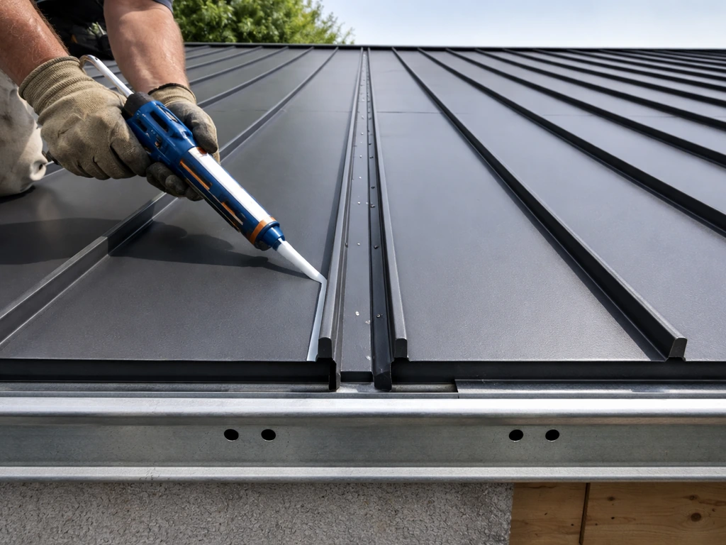 Worker hands applying sealant while installing roof panels, with drip edge and weephole area detail.