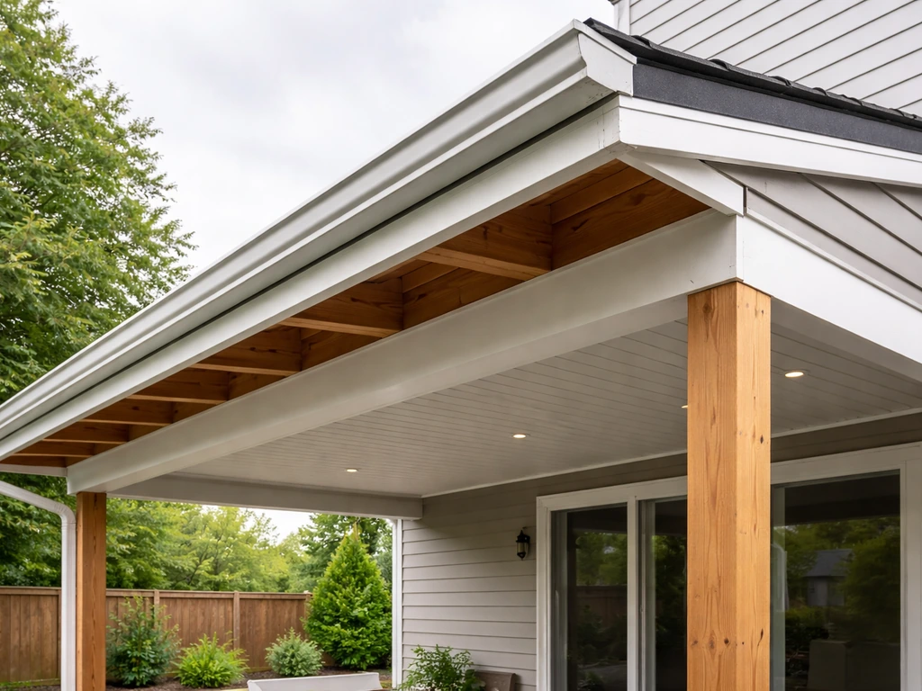 Completed DIY patio roof over a home patio with visible rafters, slope, flashing, and weatherproofing.