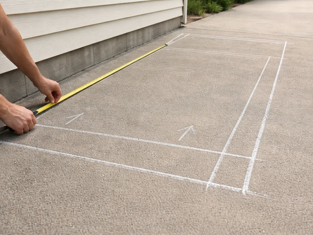 Hands measure a patio area with a tape measure, with chalk slope marks and a simple footprint layout.