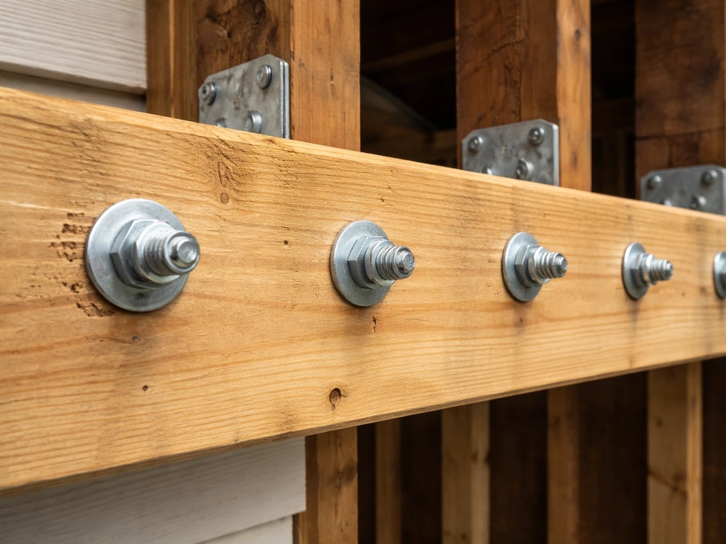 Close-up of a ledger board bolted to house framing with aligned galvanized hardware