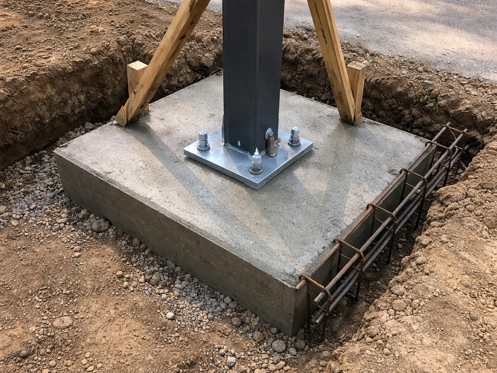 Fresh concrete footing with embedded post base, rebar, and bracing at an outer edge foundation.