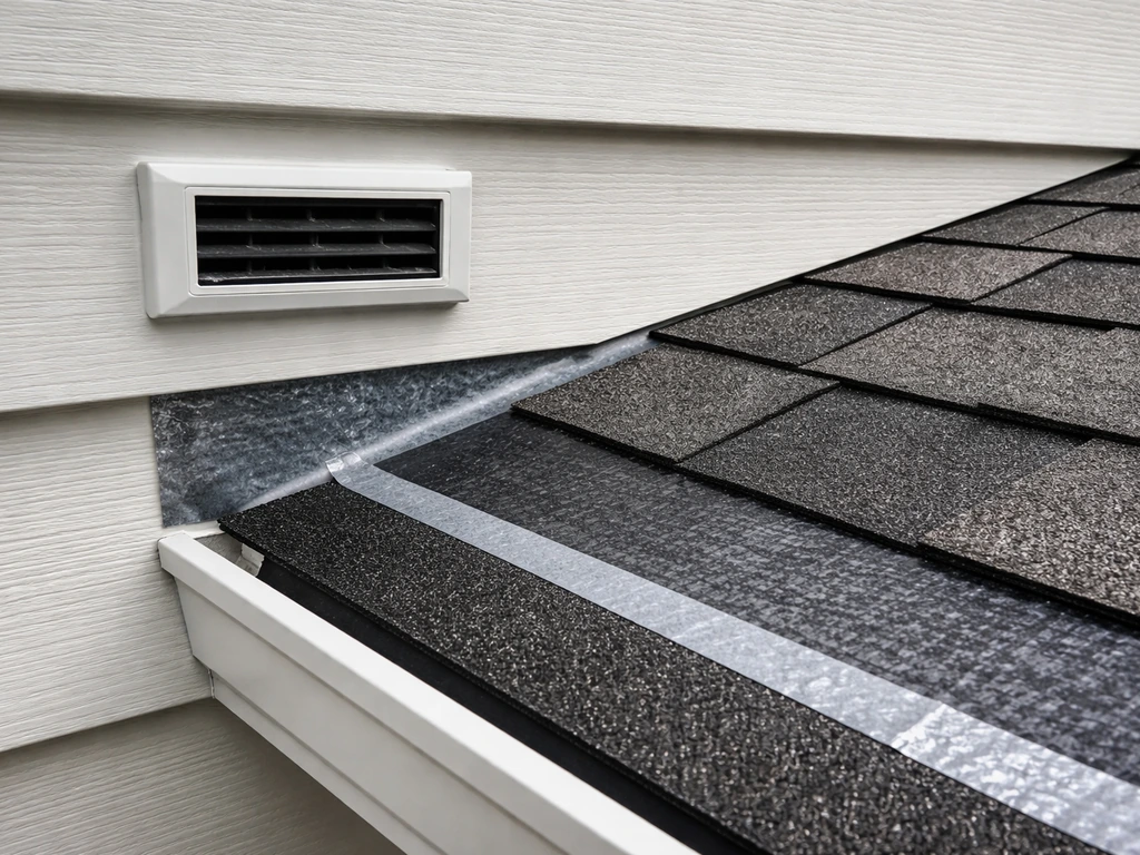 Close-up of a patio roof wall connection with flashing tape, sealant bead, and visible ventilation vent.