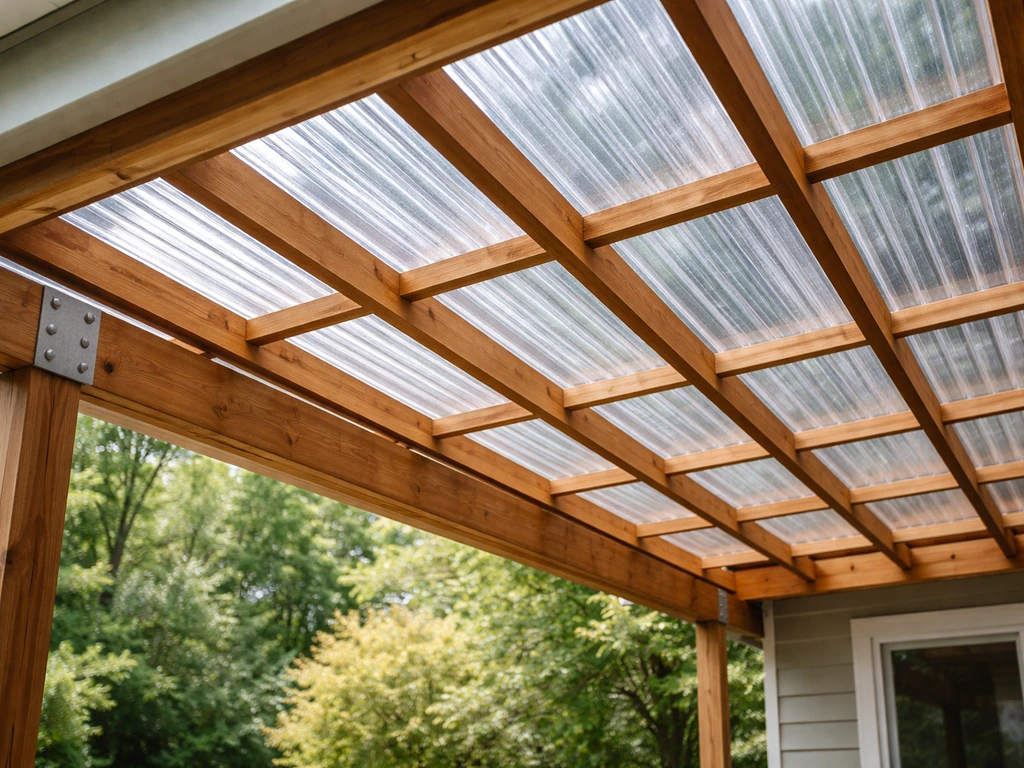 Completed DIY slatted patio cover with clear weather-protective panels installed between slats.
