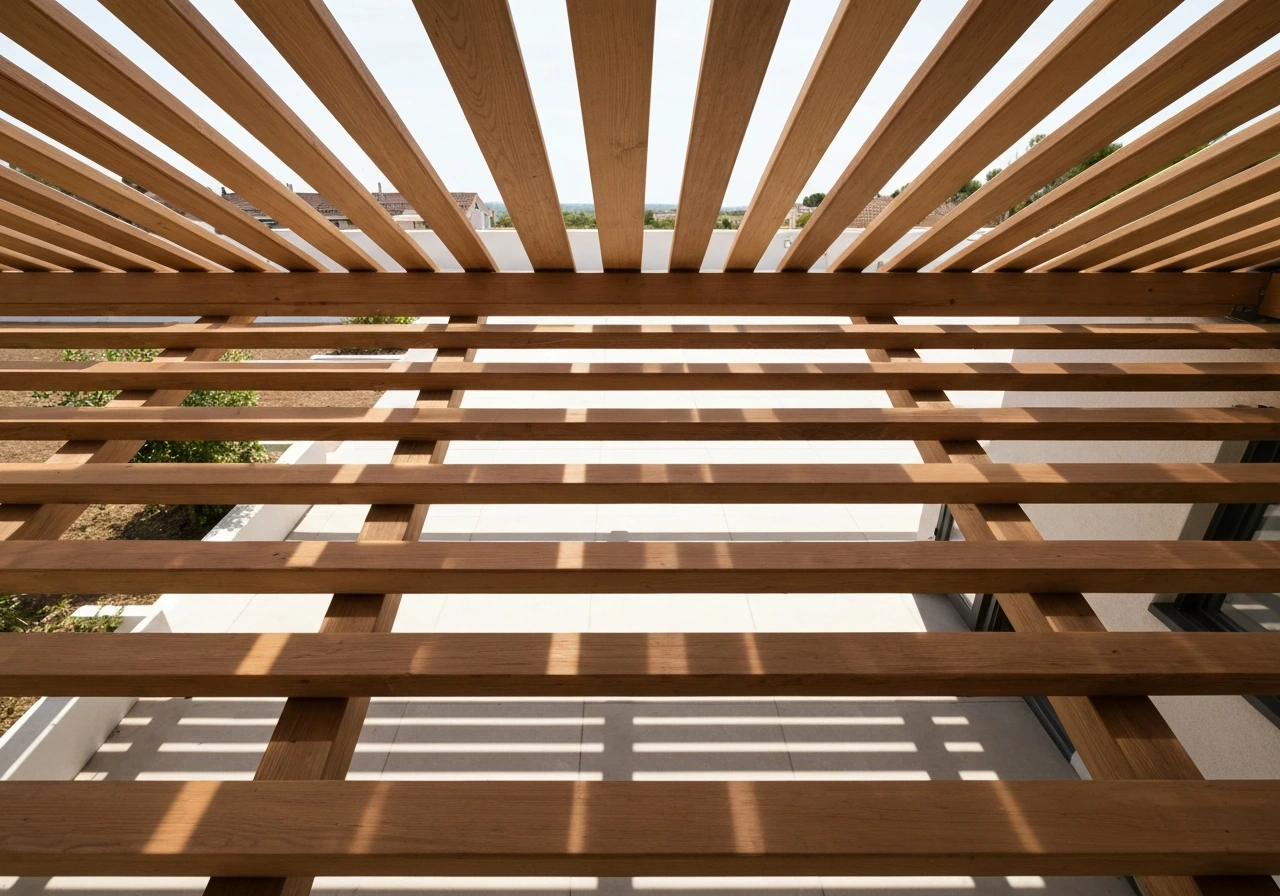 Overhead view of a slatted patio cover with parallel wooden beams casting filtered shade on an outdoor patio.