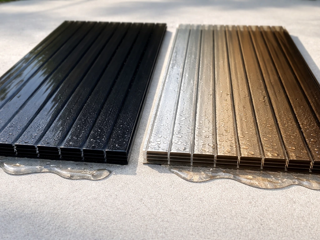 Side-by-side close-up of tinted polycarbonate and clear/bronze patio cover panels showing light and rain shielding.