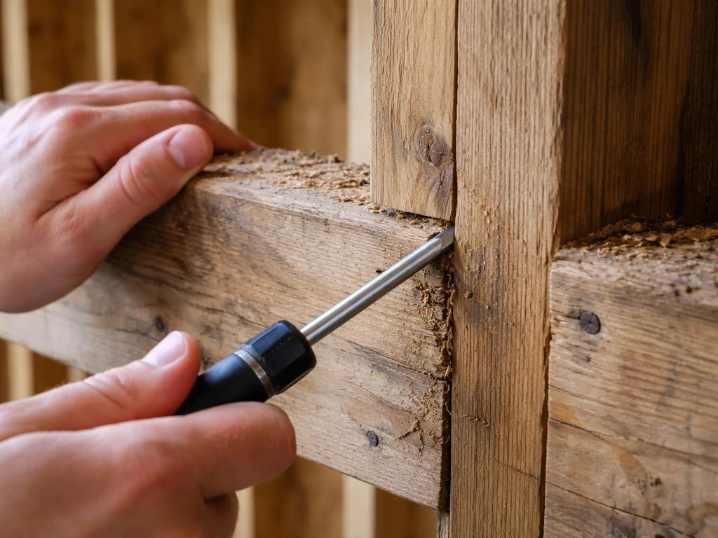 Close-up of a hand using a screwdriver to probe solid wood framing near a ledger board